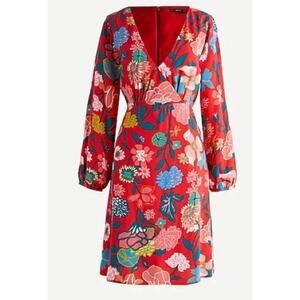 J.‎ Crew Retro-Vibe Floral V-Neck Long Sleeve Red & Blue Mini Dress Size 8